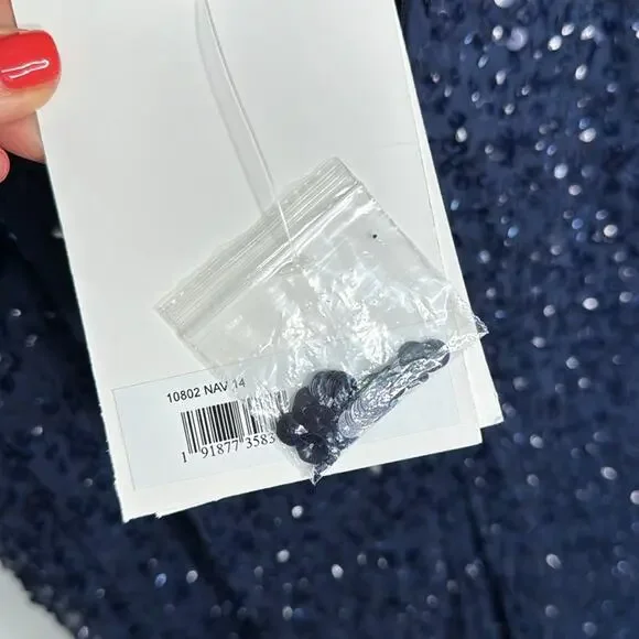 NWT MAC DUGGAL 10802 Navy Fully Sequined Ruffle Tiered 3/4 Sleeve Midi Dress - Picture 10 of 14